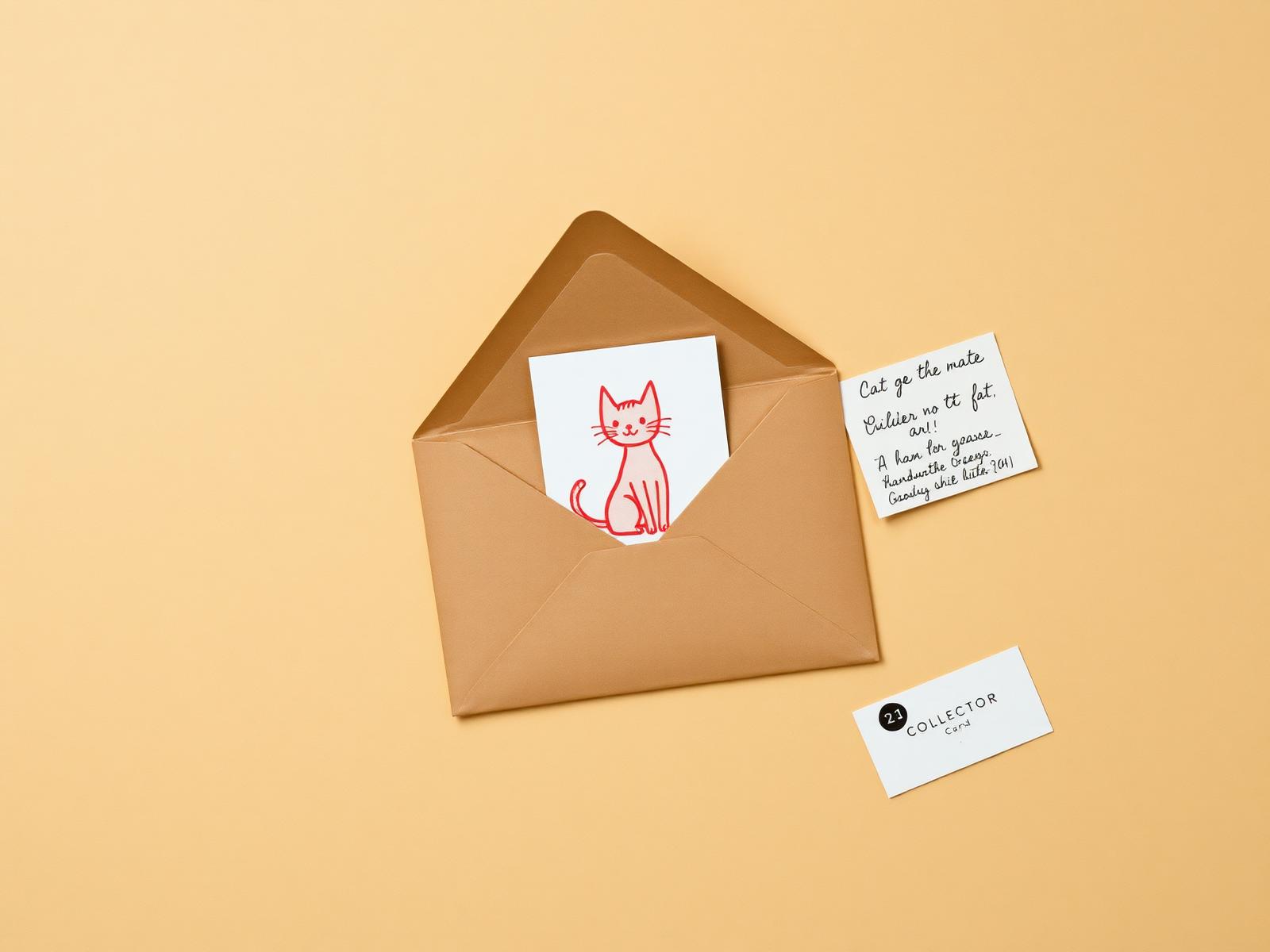 An opened kraft envelope with a screen-printed cat art card, sticker, artist note and collector card