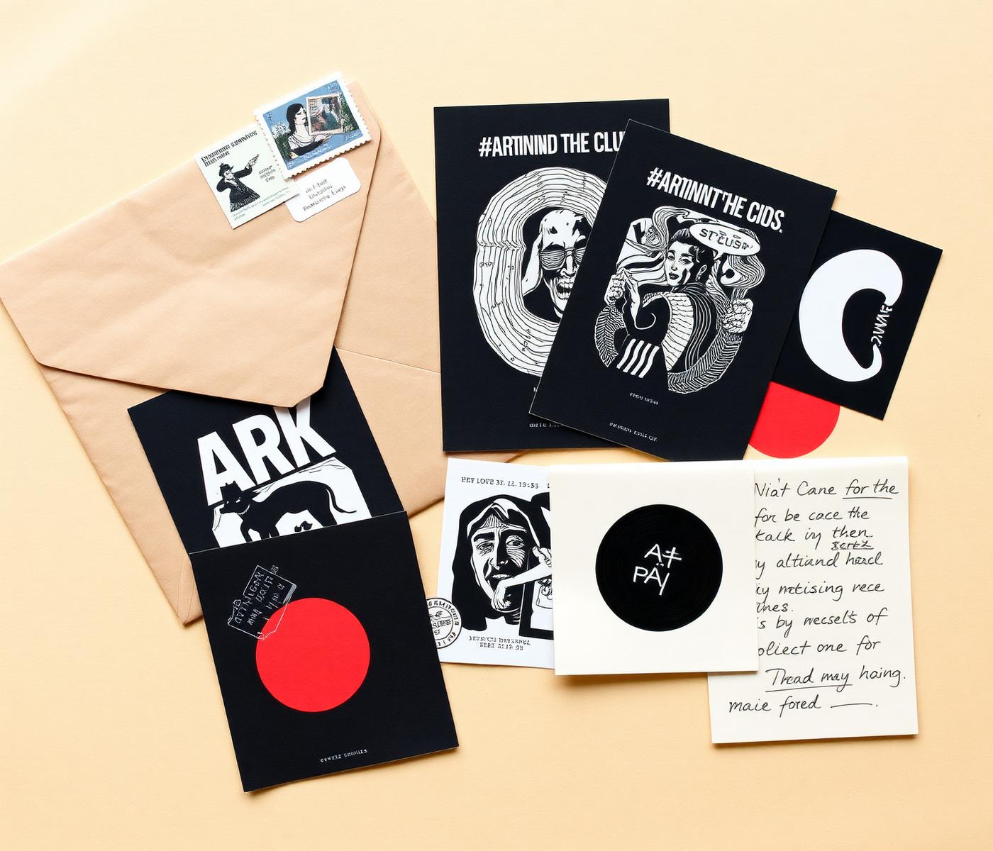 Flat lay of mailed artwork